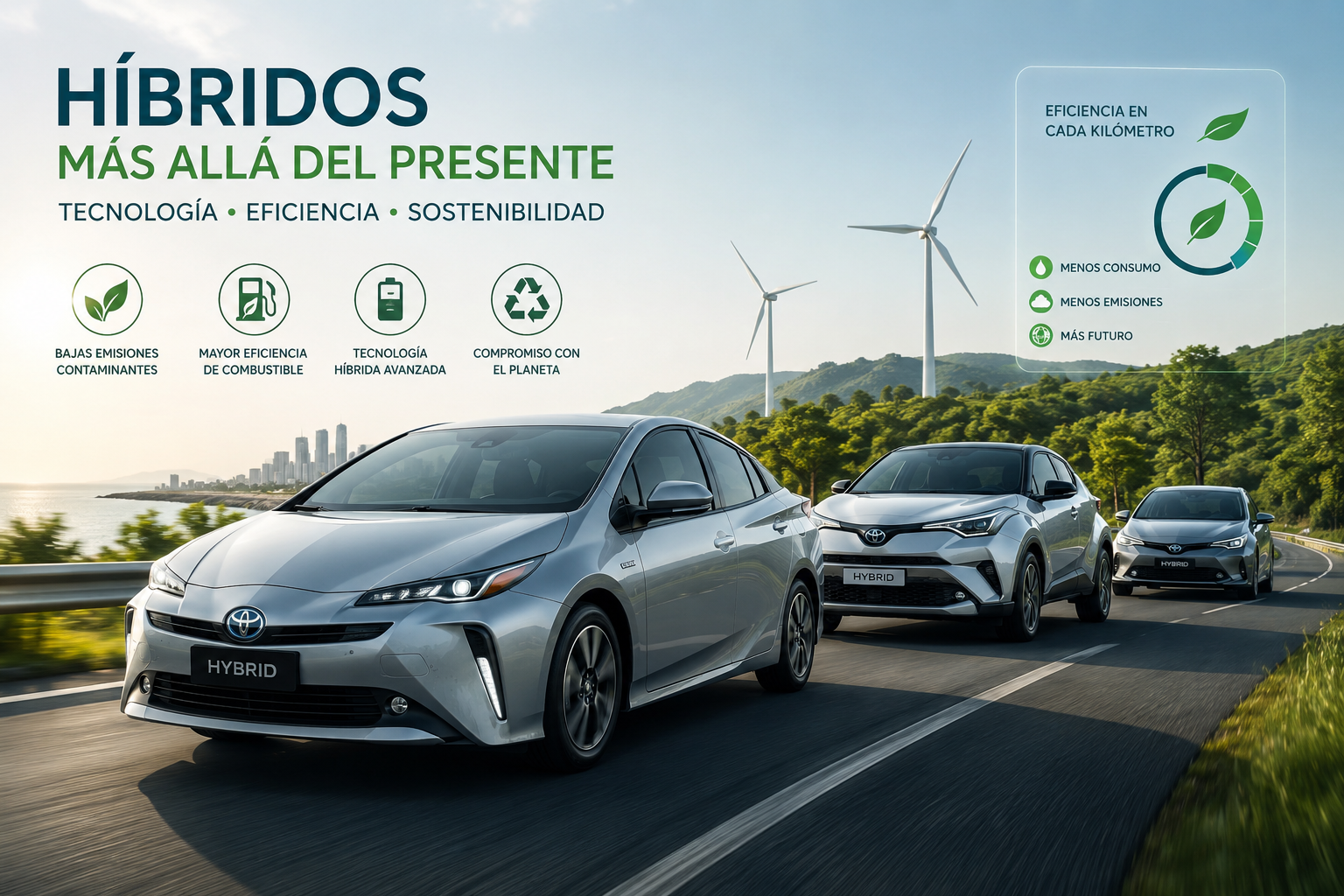 Imagen de autos híbridos modernos en una carretera, destacando su diseño aerodinámico y tecnología ecoamigable, simbolizando eficiencia energética y sostenibilidad ambiental.