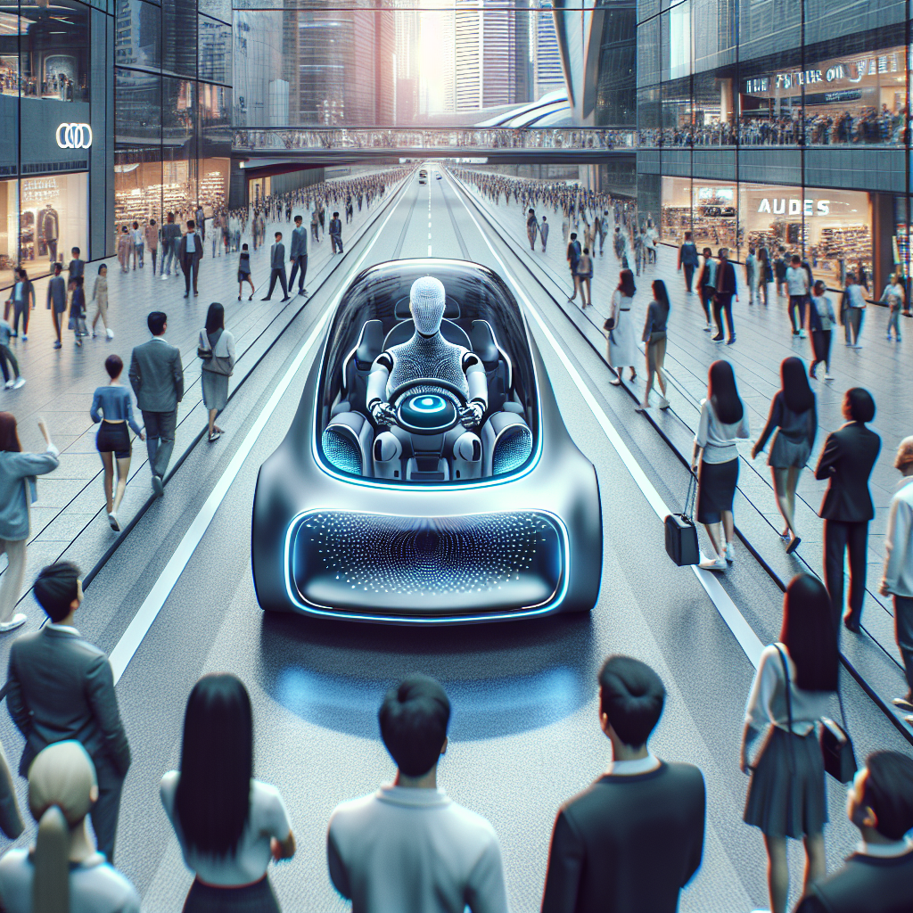 Coche autónomo futurista impulsado por inteligencia artificial circulando por una carretera moderna, destacando innovación en transporte y tecnología avanzada.