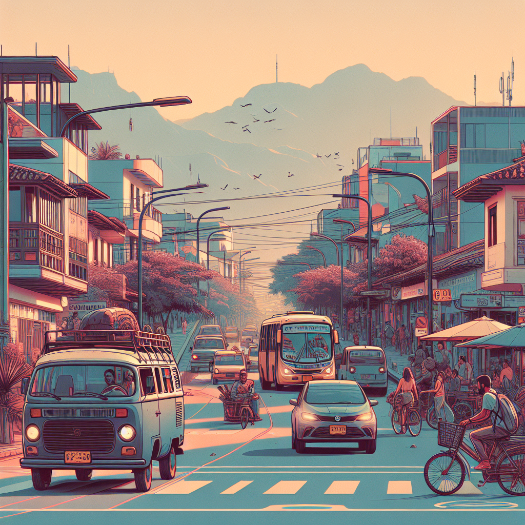 Vehículos coloridos transitando por una vibrante calle colombiana, destacando la diversidad automotriz en Colombia, con motocicletas y automóviles modernos entre edificios coloniales.