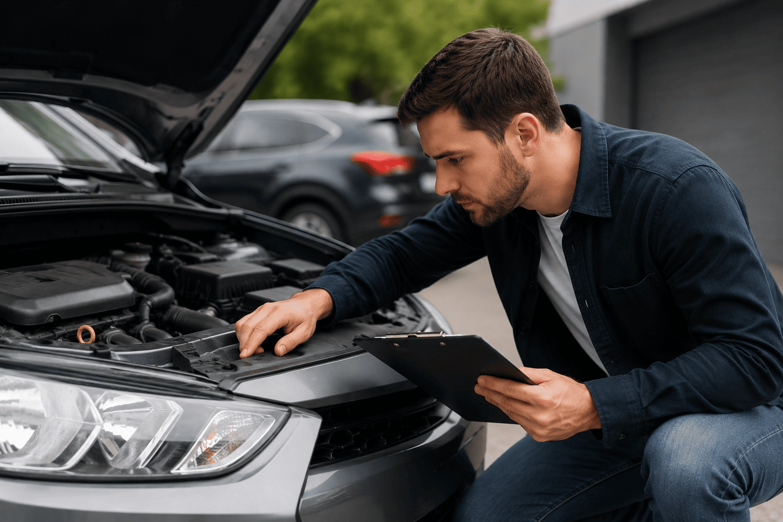Persona revisando el motor de un carro usado antes de realizar la compra.