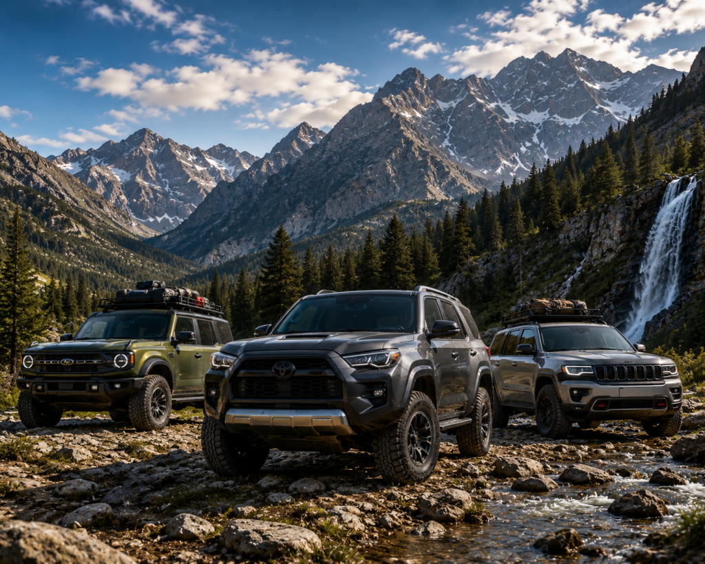 SUVs potentes y versátiles en un paisaje montañoso, ideales para aventuras al aire libre y exploraciones todoterreno.